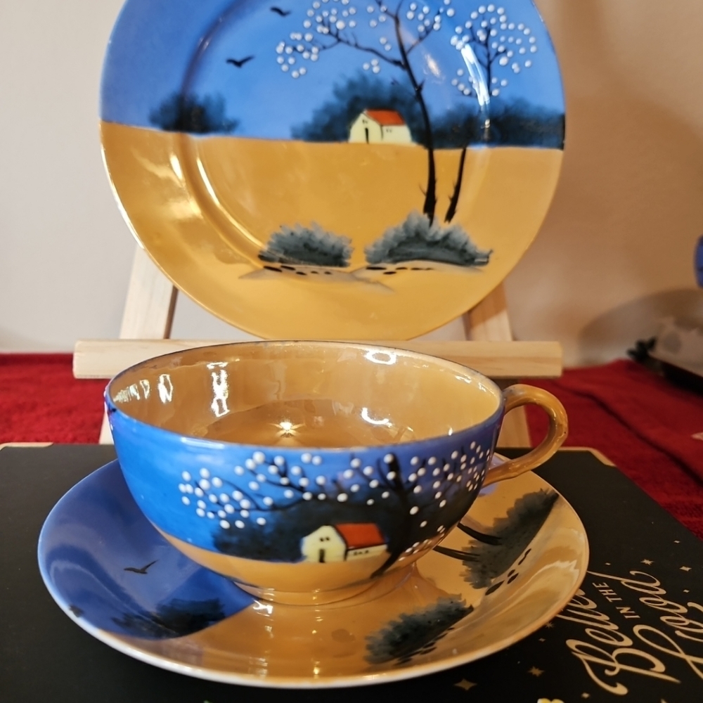 Vtg Hand Painted Raised Cherry Blossom Blue Iridescent 9p Cup Saucer & Plate Set